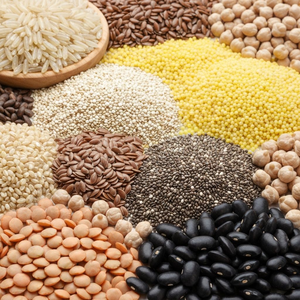 Close-up of various grains, seeds, and legumes
